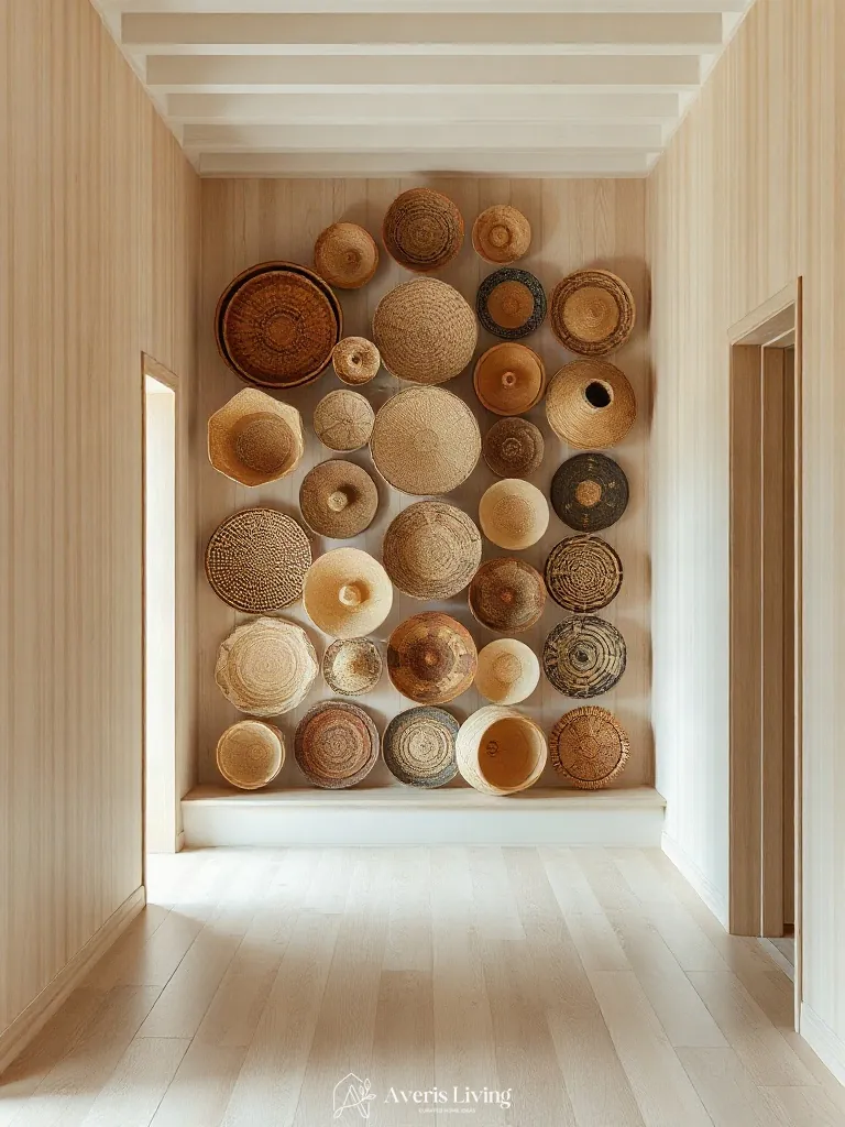 Hallway transition showing sightline perspective toward a woven basket wall display.