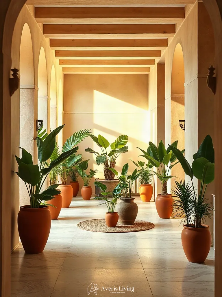 Clear circulation pathways around large indoor plants in a boho living room