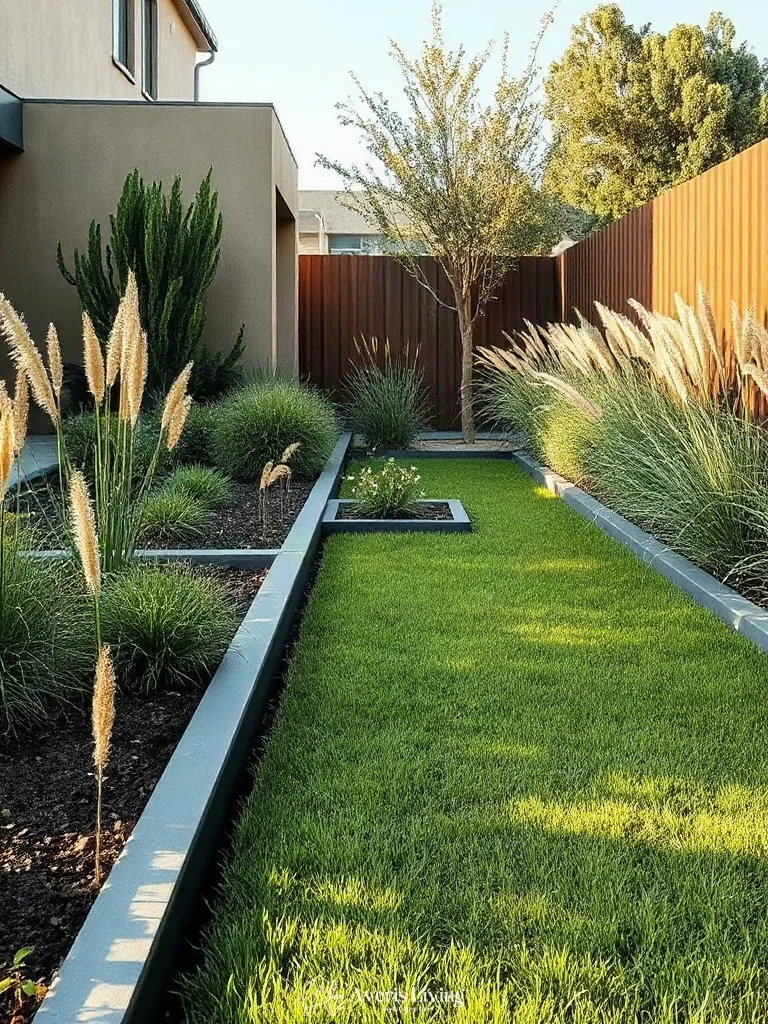 Clean architectural steel edging separating garden beds in a dog friendly backyard