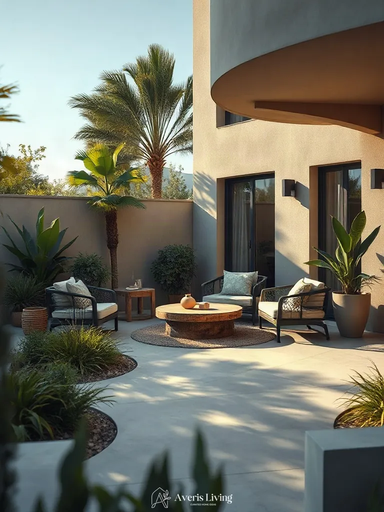 Clean architectural lines separating planted garden beds from boho patio seating ideas.