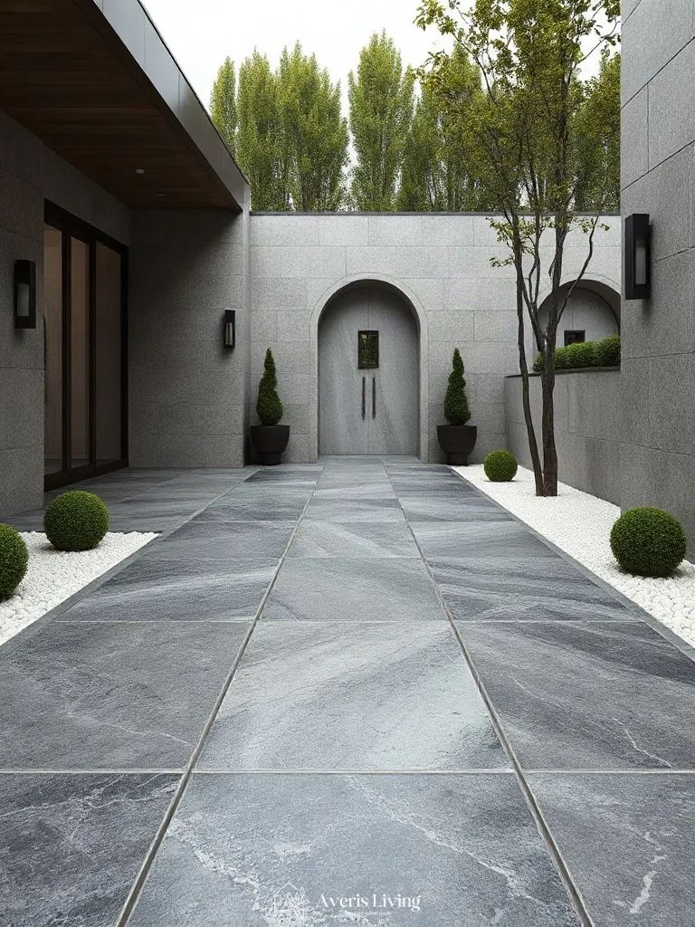 Clean architectural lines with granite stepping stones separating spaces