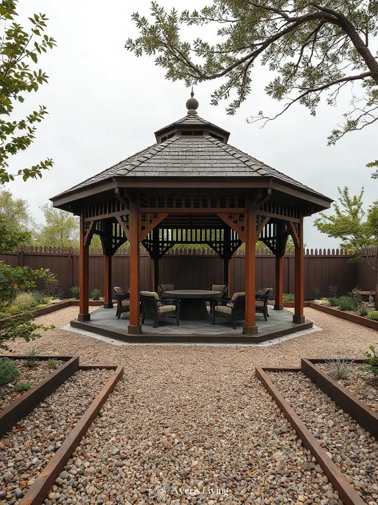 Clean architectural lines separating garden beds from the gazebo structure