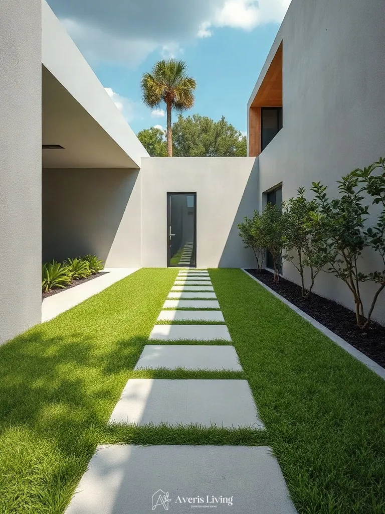 Clean architectural lines within a modern backyard stepping stones makeover