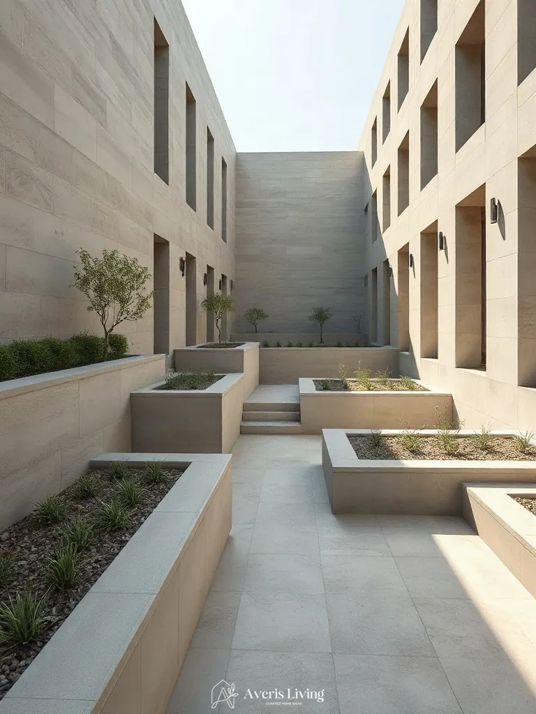 Clean architectural lines separating patio from garden beds