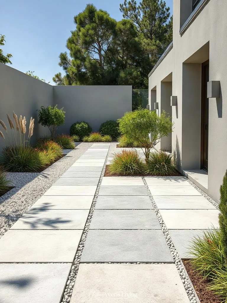 Clean architectural lines separating garden beds from paths