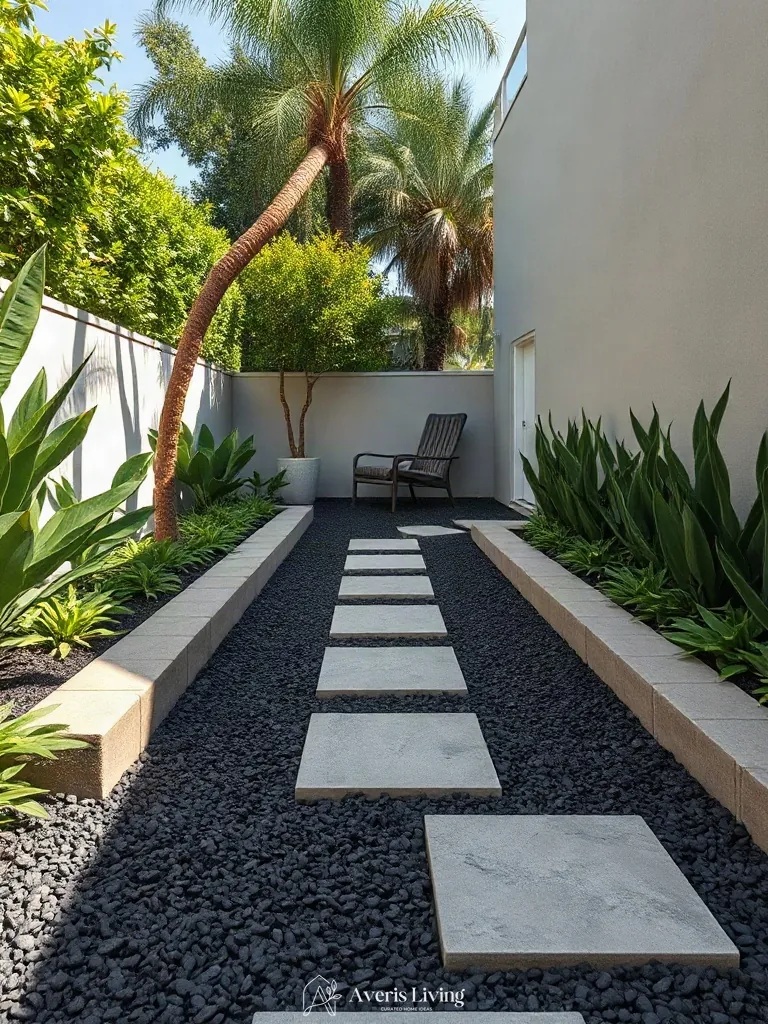 Geometric stepping stones separating garden beds from the patio