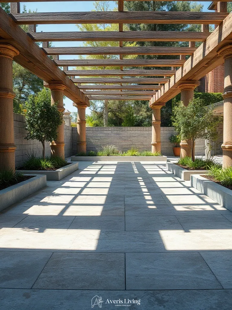 Clean architectural lines separating garden beds from an aesthetic backyard gazebo design