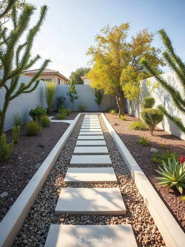 Architectural lines separating zones with stone paths