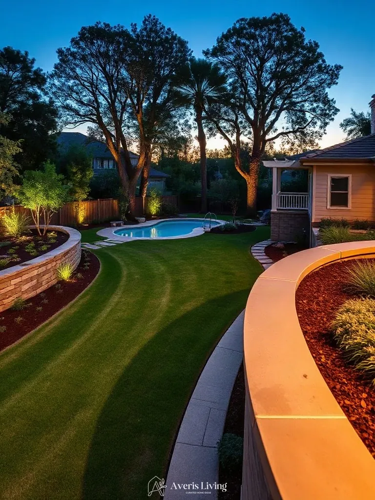 Clean architectural masonry borders separating stone terraces from lawn