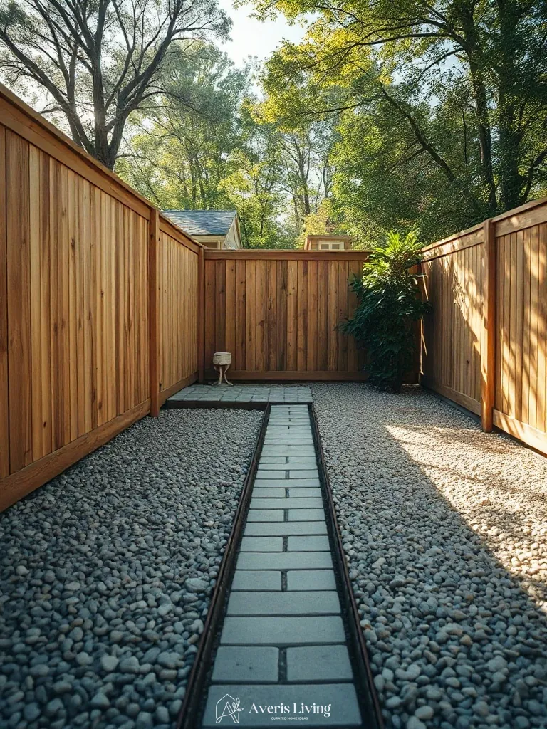 Gravel drainage trench along aesthetic backyard privacy fence inspiration
