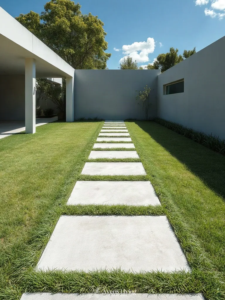 Clean-edged modern backyard stepping stones design separating planting zones