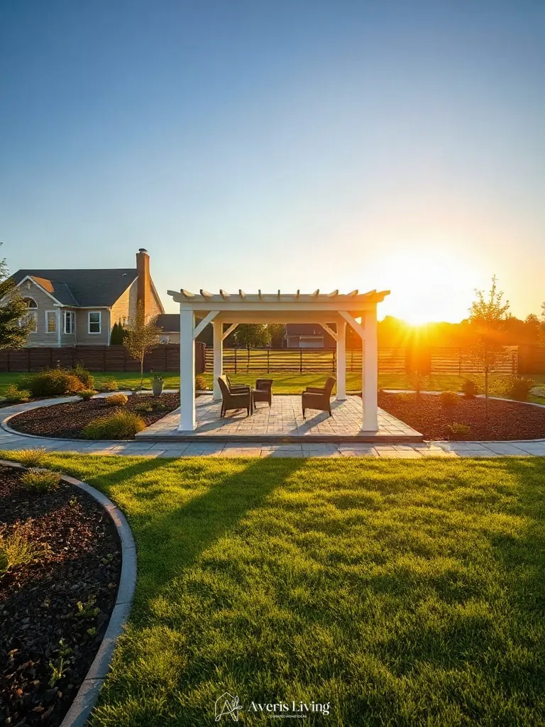 Clean architectural lines separating garden beds from a stone terrace with a gazebo