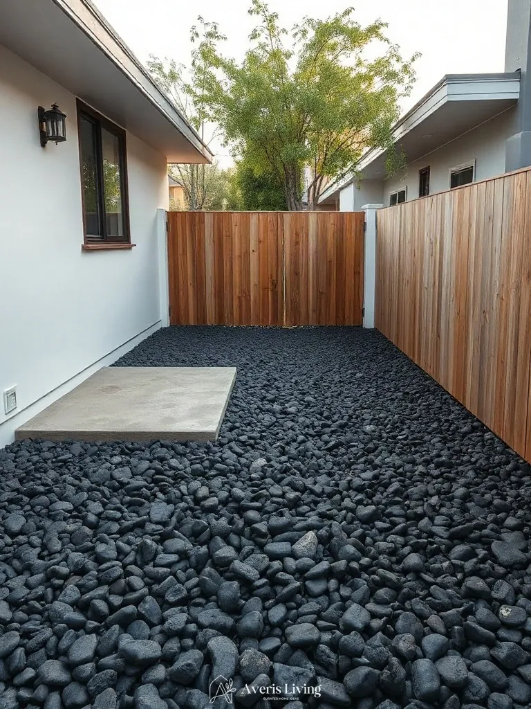 Gravel drainage trench by a cozy backyard privacy fence layout
