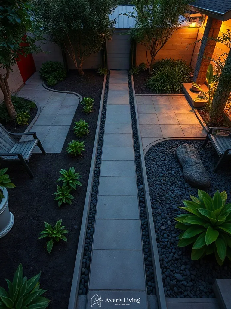 Basalt pavers and river rock accents in a contemporary no grass backyard vegetable garden layout