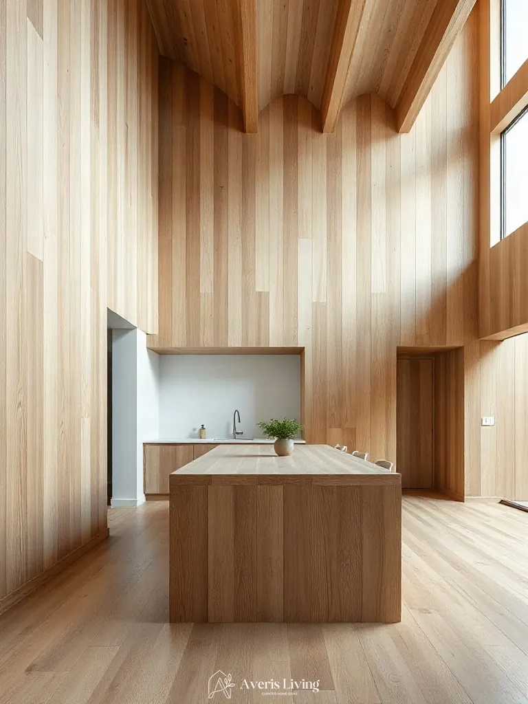 Vertical wall paneling complementing a matching rustic wood kitchen island.