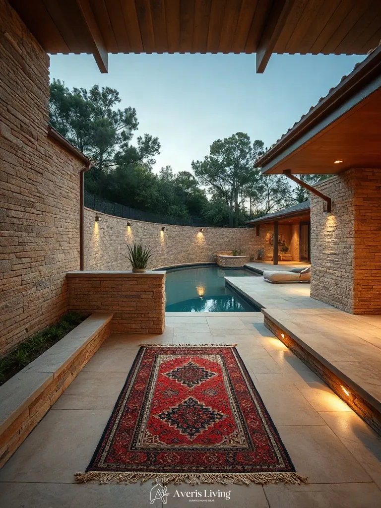 Stone masonry and coping framing an outdoor rug boho style