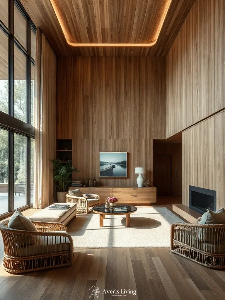 Rift-cut white oak wall paneling framing exquisite rattan furniture living room styling