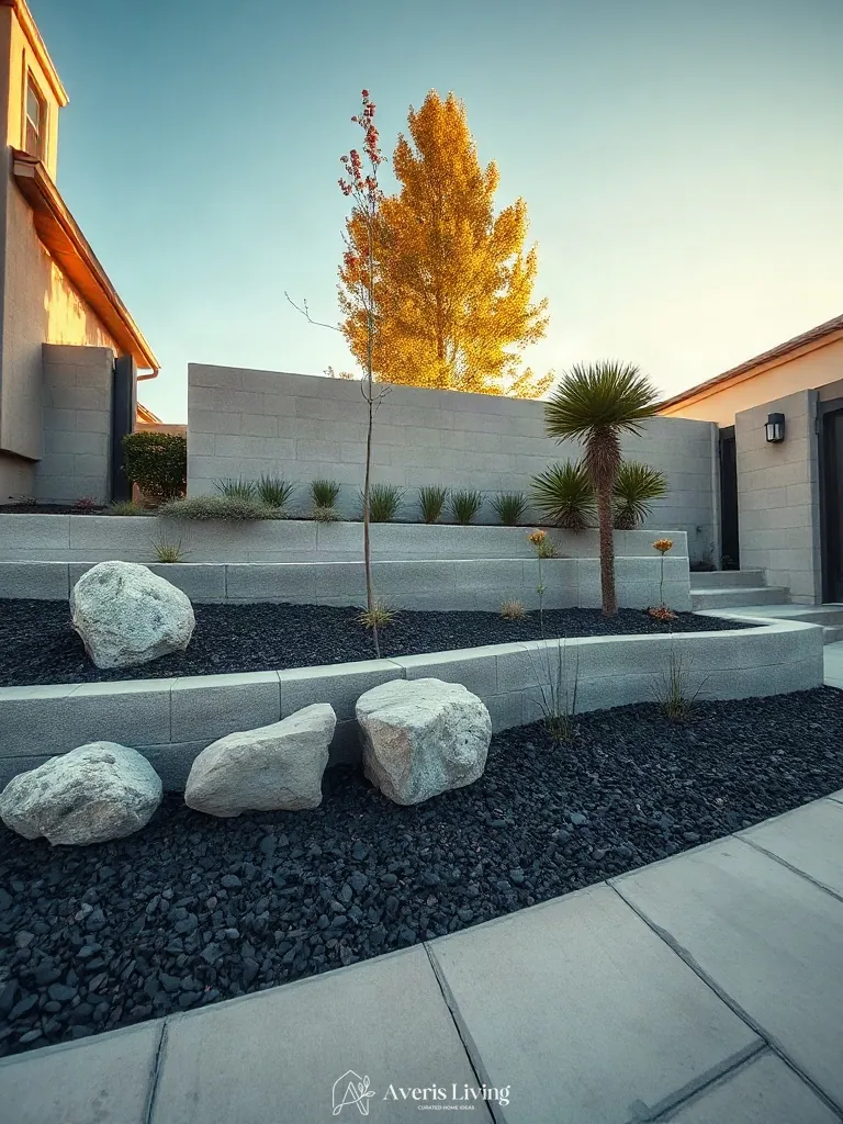 Arid aesthetic completed with mulch and boulders