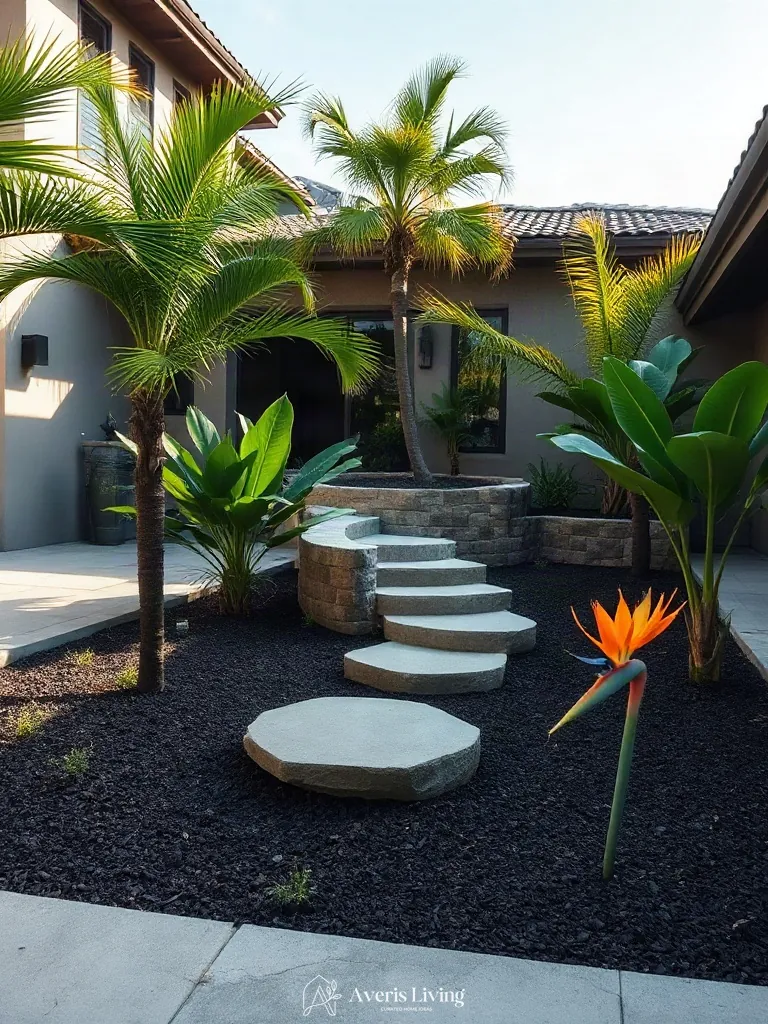 Finished tropical backyard retaining wall with landscaping details