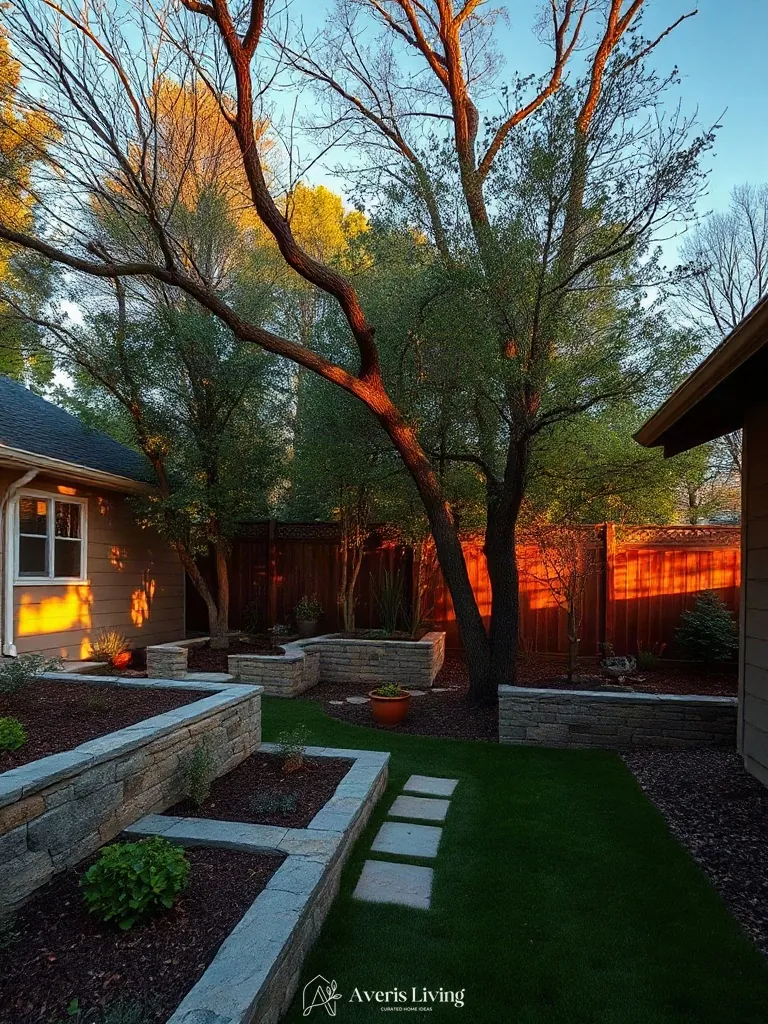 Completed shaded backyard oasis with retaining wall