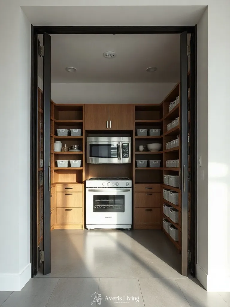 Concealed storage unit featuring pantry organization bins and labels.