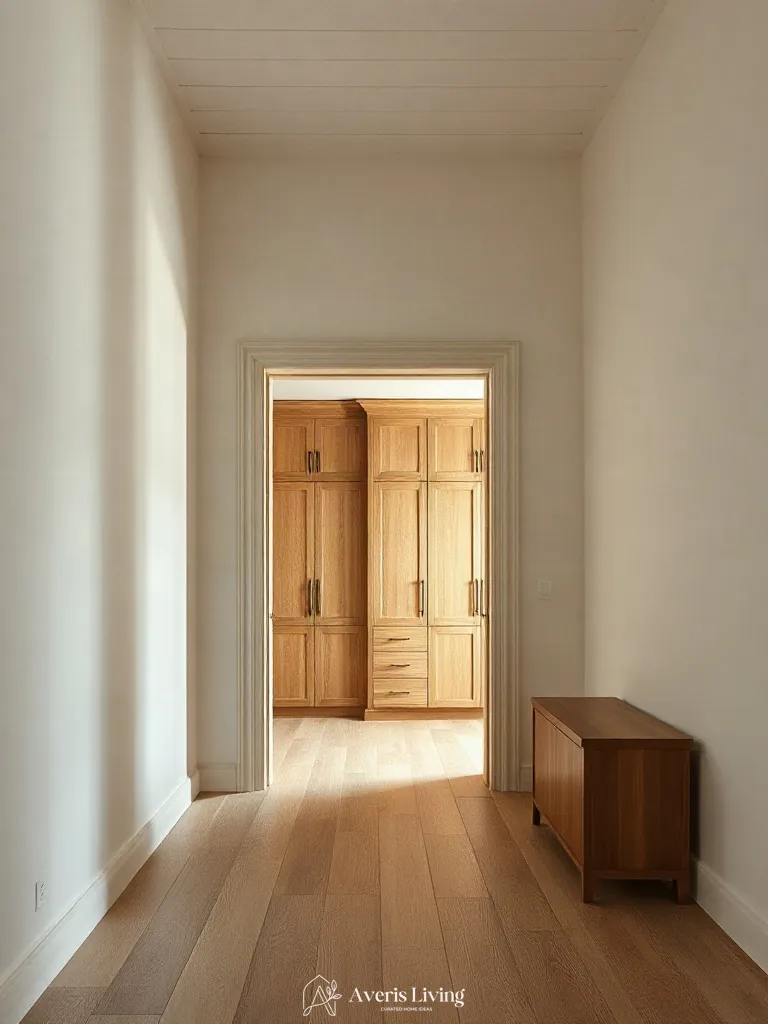 Concealed dressing area cabinetry in a farmhouse master bedroom aesthetic