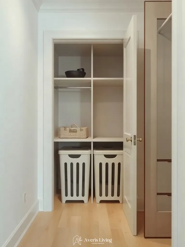 Concealed hamper drawers within small closet organization systems