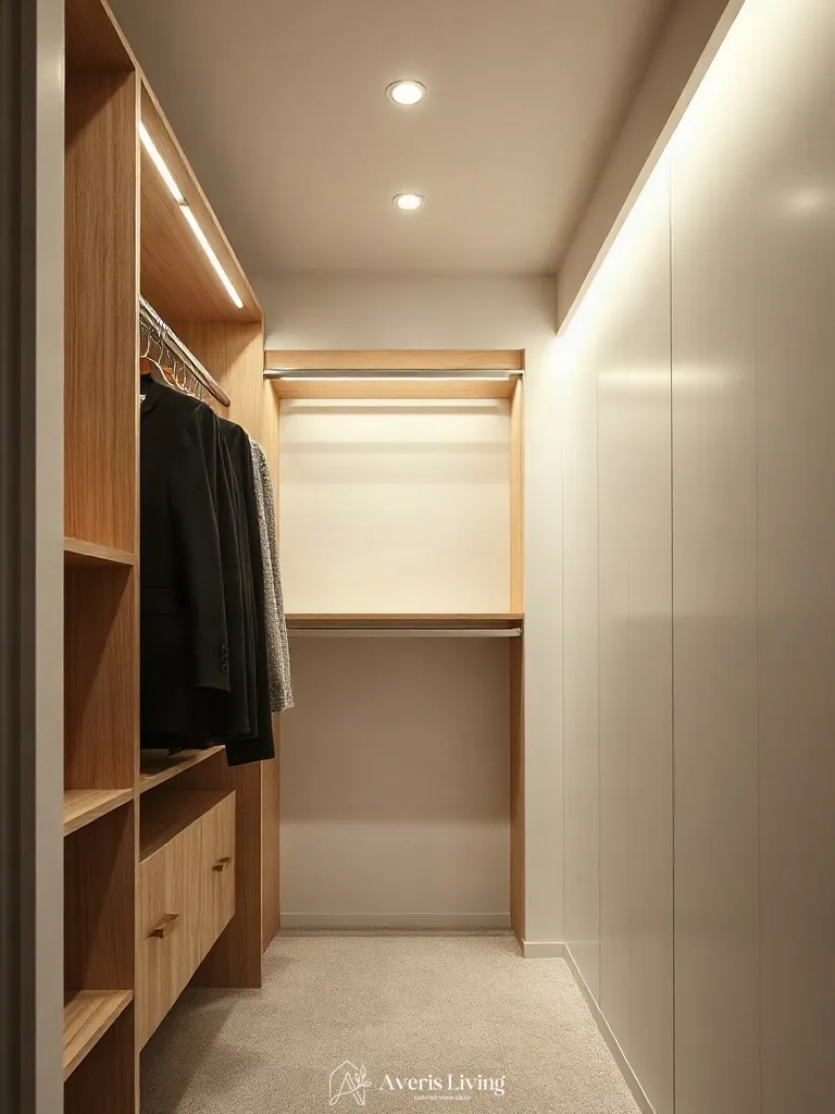 Integrated LED hang-bar lighting in small closet organization systems