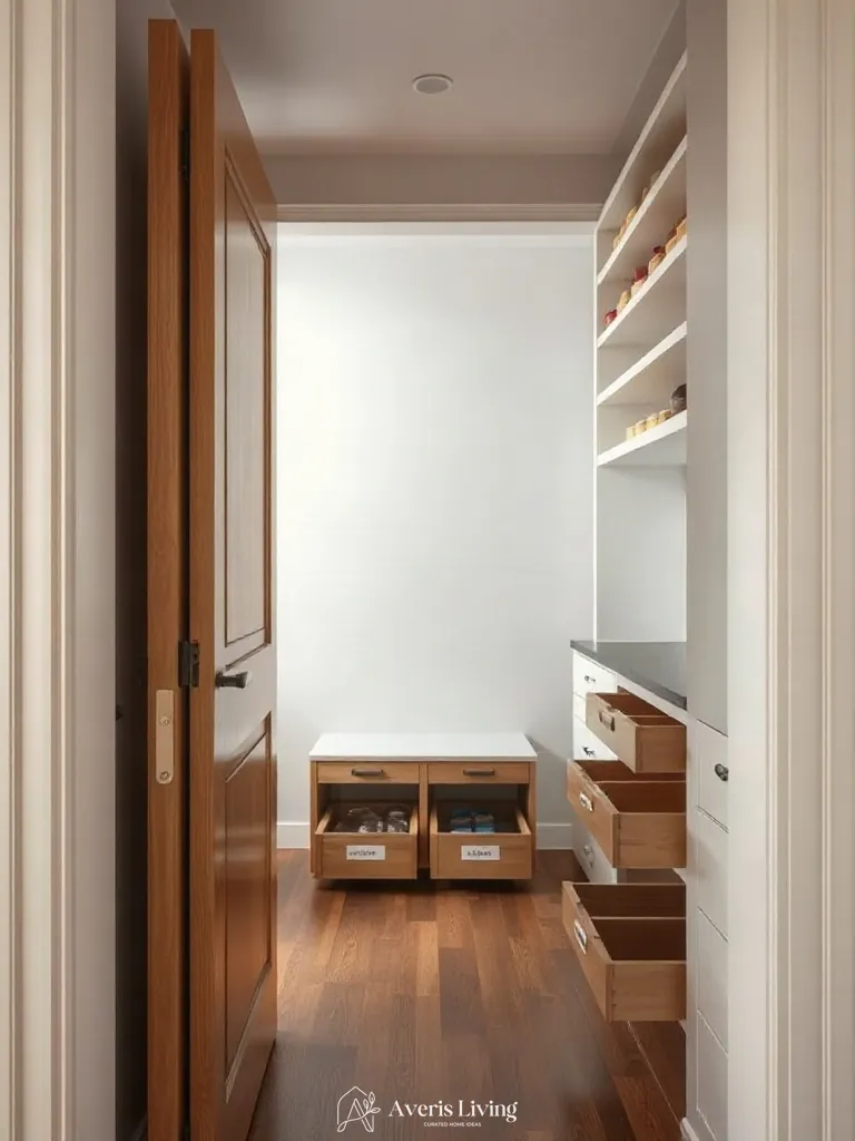 Structural pantry framing revealing interior bins and custom labels.