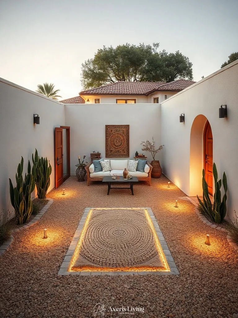 Decomposed granite surround with an outdoor rug boho style