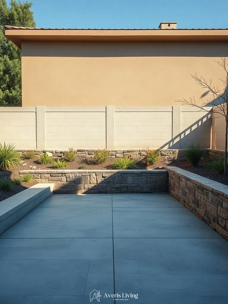 Contrasting textures on backyard retaining walls