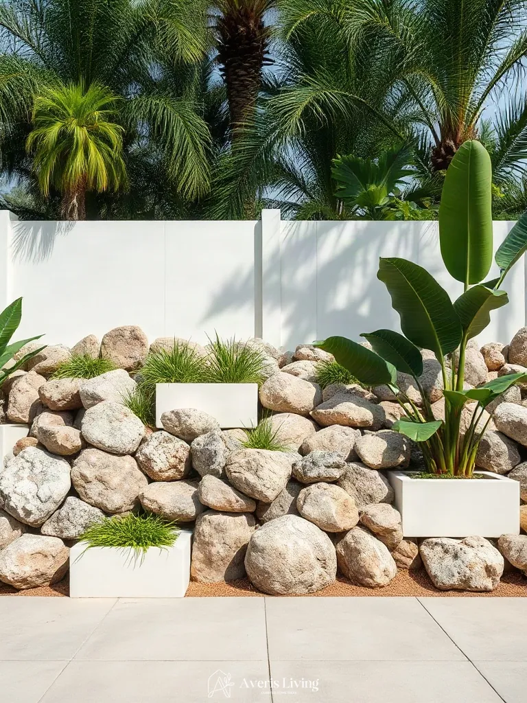 Contrasting stone textures on a tropical backyard retaining wall