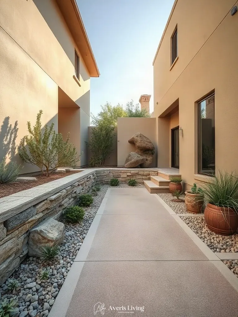 Contrasting stone textures in a drought-friendly retaining wall