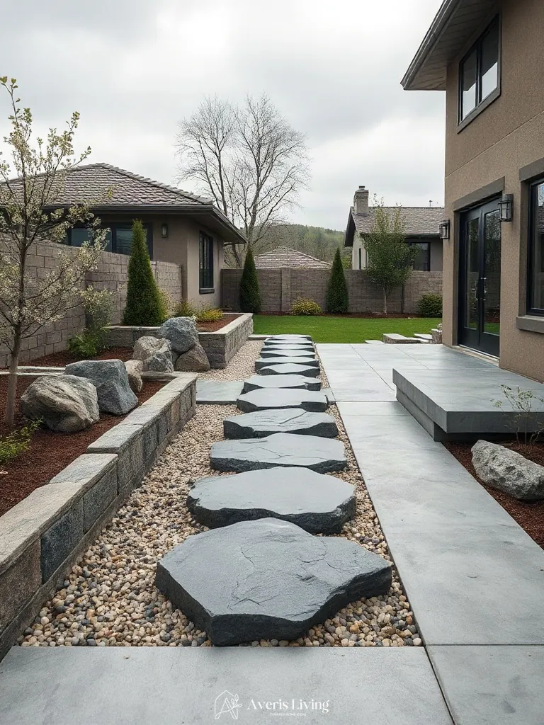 Contrasting textures in a low maintenance stepping stone layout