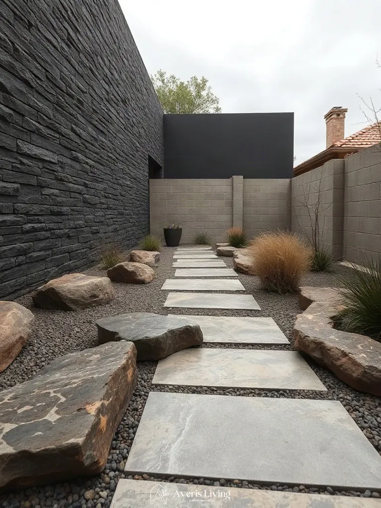 Textural contrast between rough and smooth stone pavers