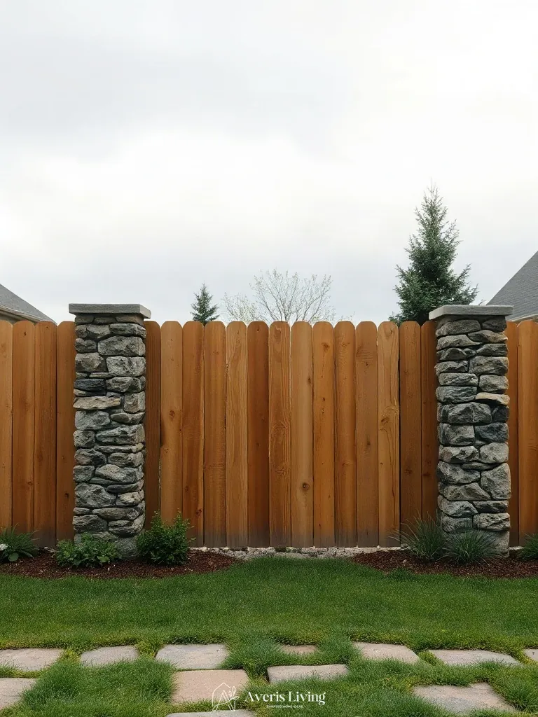 Rough stone and smooth timber in fence layout