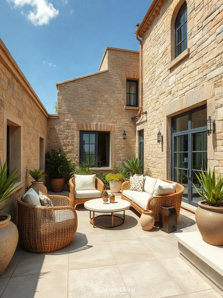 Textural contrast of rough stone and smooth accents surrounding boho patio seating ideas.