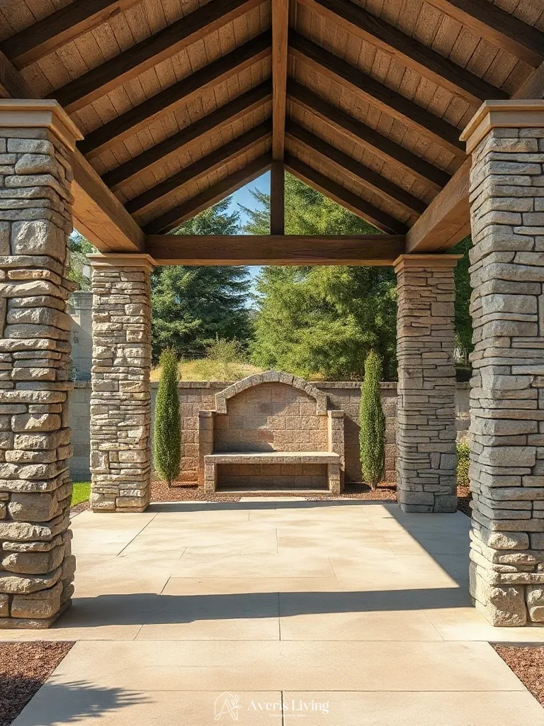 Contrasting rough stone and smooth concrete textures on a gazebo