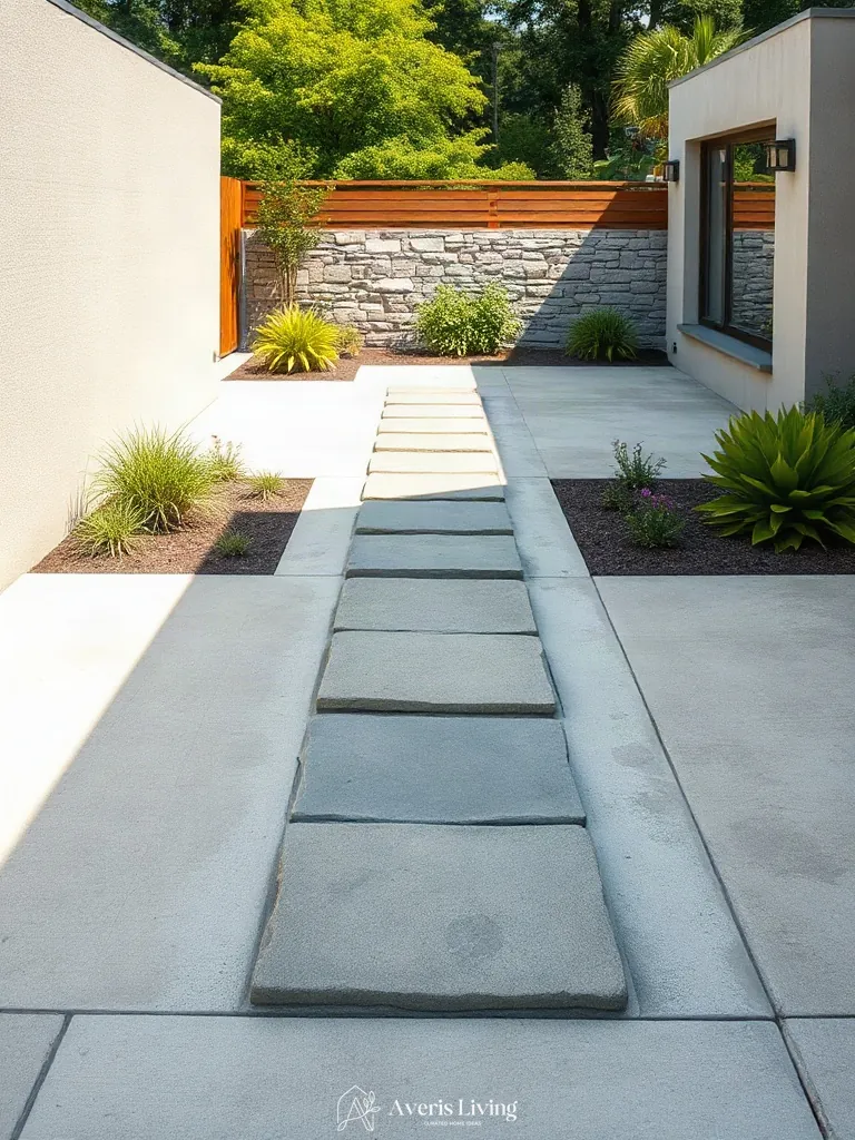 Contrasting rough natural stone and smooth concrete stepping stones