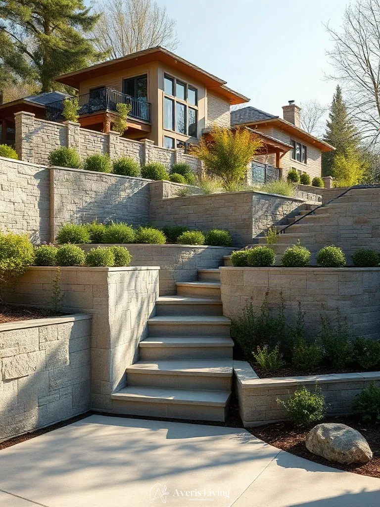 Retaining wall with rough stone and smooth caps