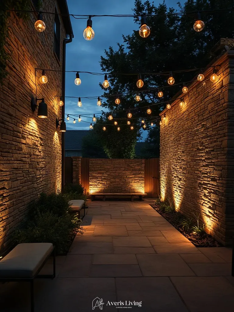 Rough fieldstone wall paired with sleek string light hardware