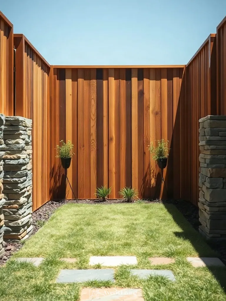 Smooth wood and rough stone backyard privacy fence