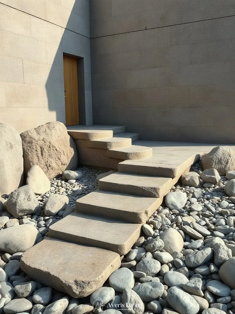 Rough flagstone stepping stones contrasted with smooth river stones