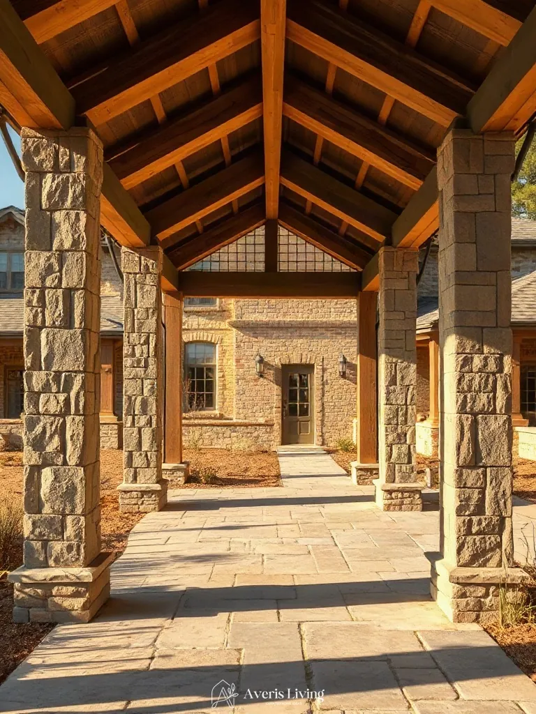 Contrasting rough stone and smooth textures in an aesthetic backyard gazebo design