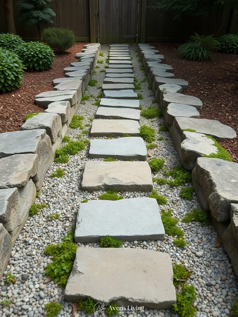 Contrasting surface textures in shade backyard stepping stones before and after