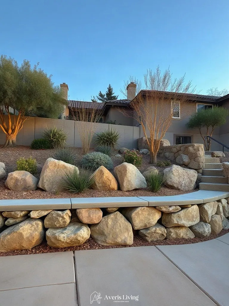 Contrasting surface textures in a drought tolerant backyard retaining wall