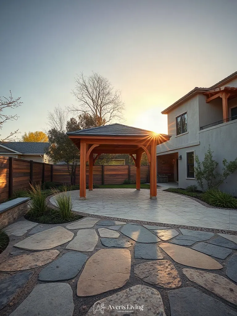 Contrasting surface textures of stone and wood around a backyard gazebo