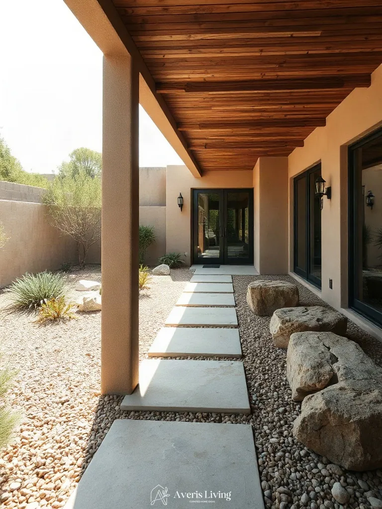 Contrasting rough-hewn stone and smooth coping on a garden path