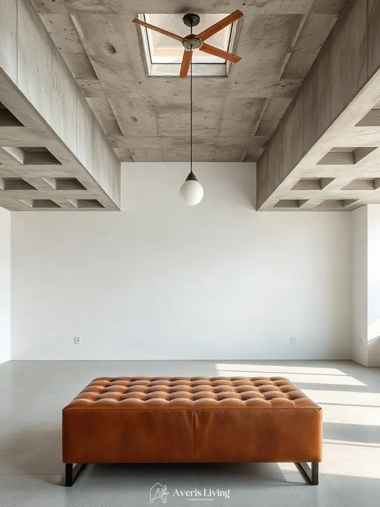 Exposed concrete ceiling architecture paired with a sophisticated leather storage ottoman