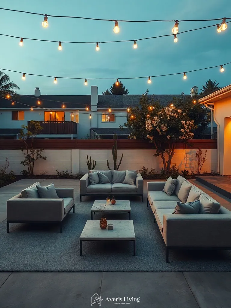 Outdoor lounge furniture positioned under an aesthetic string light setup
